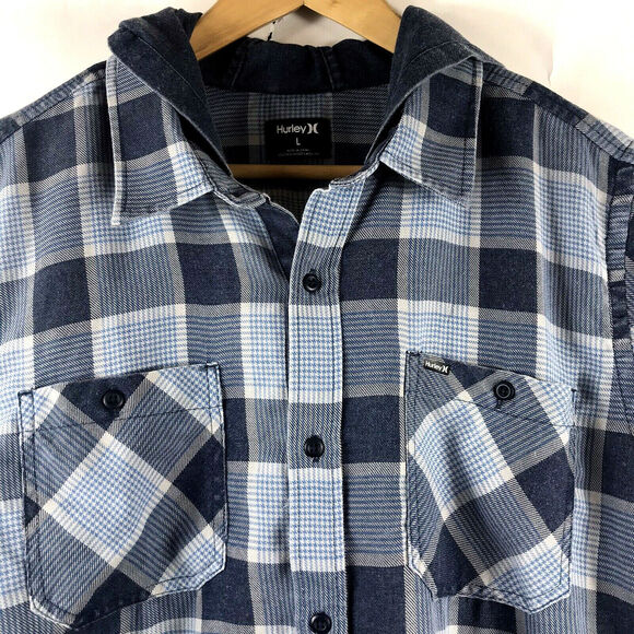 Hurley Mens S Landon Hood Long Sleeve Shirt w Attached Hood Blue Gray Plaid $55 - Picture 4 of 5